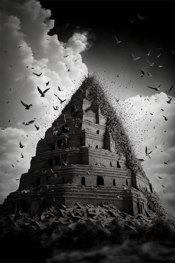 Low angle photograph of the zigurat of babel being destroyed by a stone fist falling over it from the sky while a flock of birds flying away black and white photo-realistic creative artistic abstract --ar 2:3 --q 5 --v 4