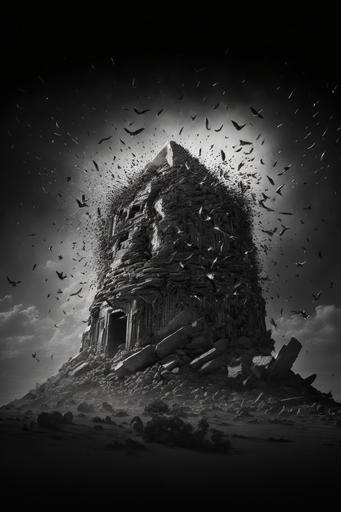 Low angle photograph of the zigurat of babel being destroyed by a stone fist falling over it from the sky while a flock of birds flying away black and white photo-realistic creative artistic abstract unreal engine, studio lighting, rim lighting, highly detailed and intricate, 8k, photorealistic, unreal engine, glow, ominous --ar 2:3 --q 3 --v 4