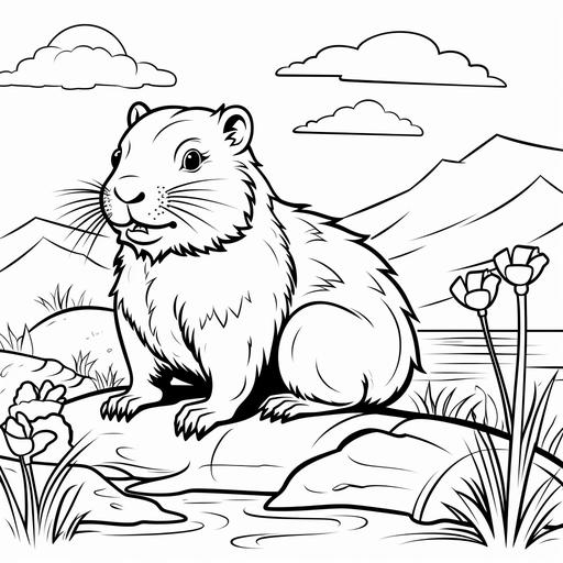 Low detail cartoon beaver in texas, no color, thick lines, no shading, kids coloring book page style