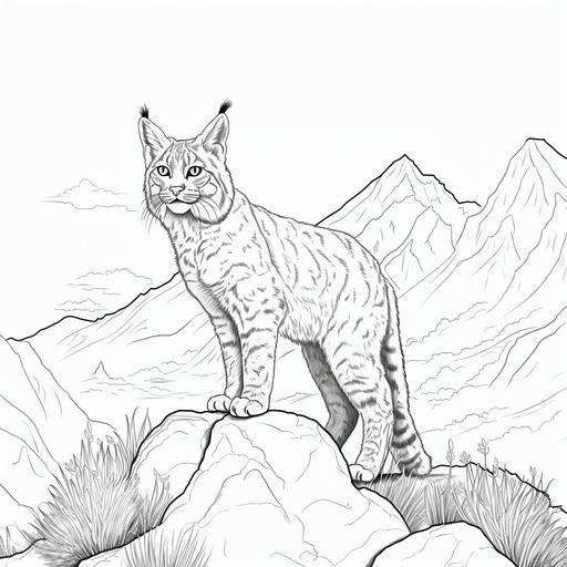 Low detail cartoon bobcat in the mountains, no color, thick lines, no shading, kids coloring book page style