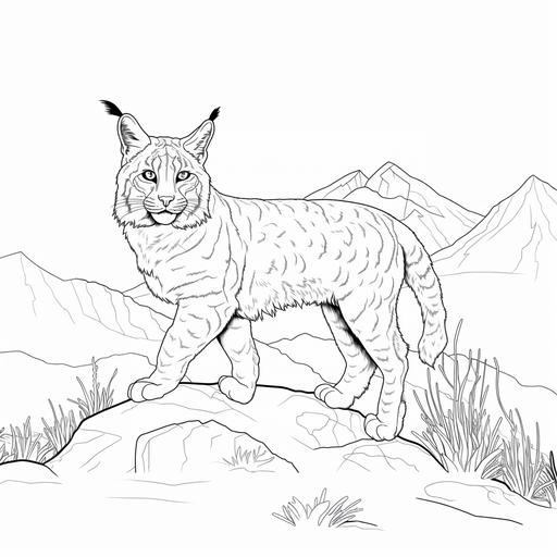 Low detail cartoon bobcat, no color, thick lines, no shading, kids coloring book page style
