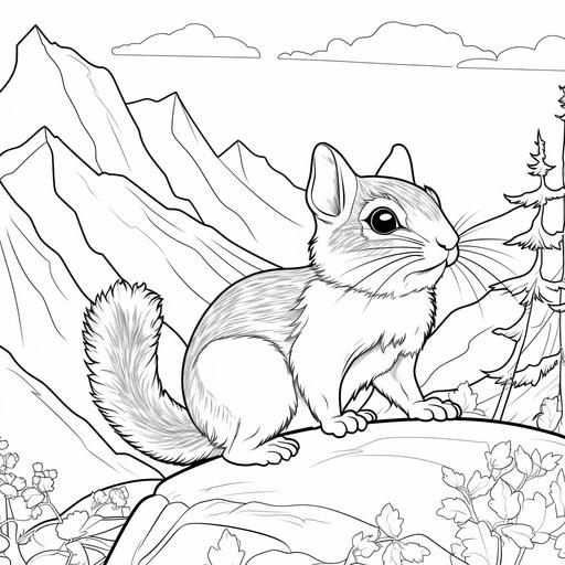 Low detail cartoon chipmunk in the mountains, no color, thick lines, no shading, kids coloring book page style