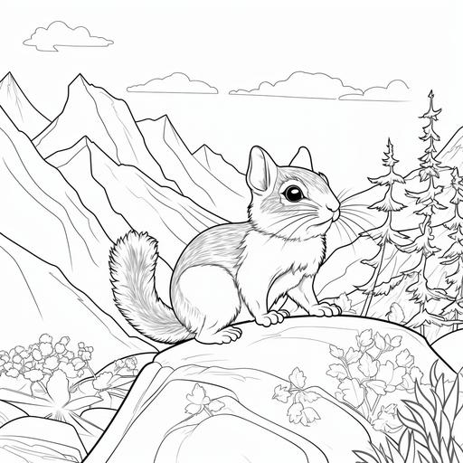 Low detail cartoon chipmunk in the mountains, no color, thick lines, no shading, kids coloring book page style