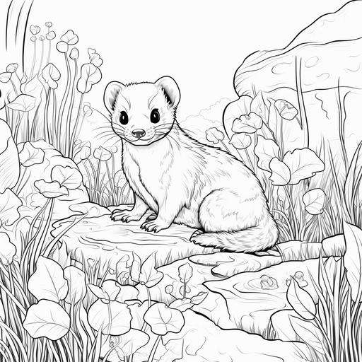Low detail cartoon ferret in the forest, no color, thick lines, no shading, kids coloring book page style