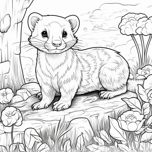 Low detail cartoon ferret in the forest, no color, thick lines, no shading, kids coloring book page style