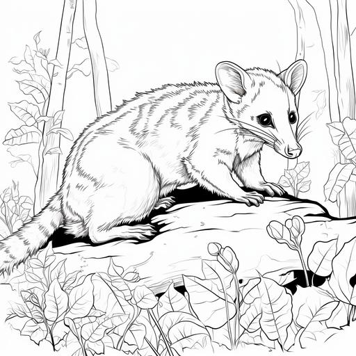 Low detail cartoon opossum, no color, thick lines, no shading, kids coloring book page style