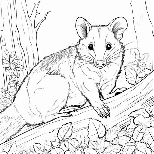 Low detail cartoon opossum, no color, thick lines, no shading, kids coloring book page style