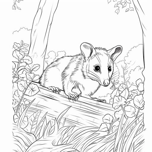 Low detail cartoon opossum, no color, thick lines, no shading, kids coloring book page style