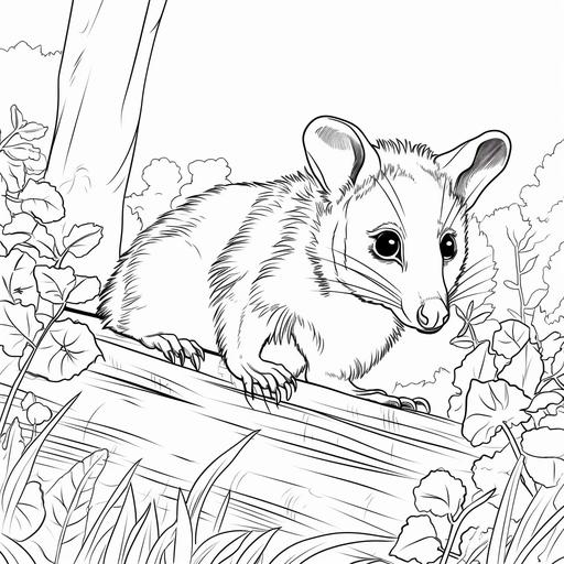 Low detail cartoon opossum, no color, thick lines, no shading, kids coloring book page style