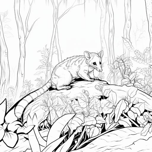 Low detail cartoon opossum, no color, thick lines, no shading, kids coloring book page style