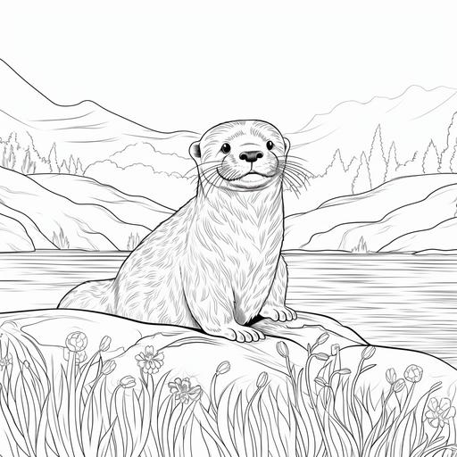 Low detail cartoon otter on its back in a river, no color, thick lines, no shading, kids coloring book page style