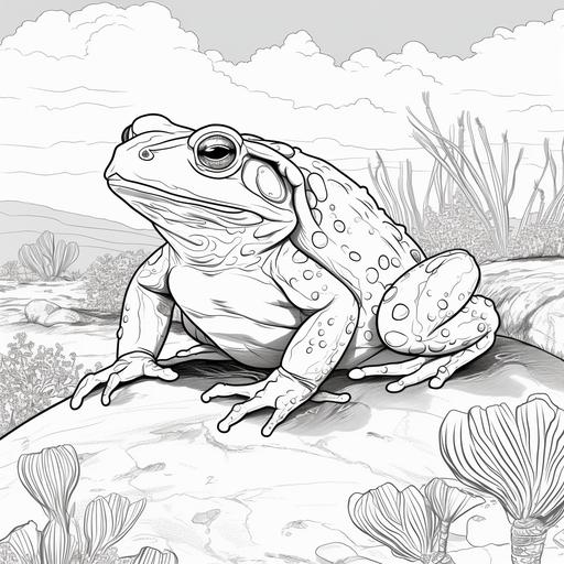 Low detail cartoon toad in the desert, no color, thick lines, no shading, kids coloring book page style
