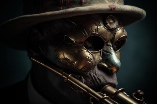 Low-key color photography. A haunting, close-up portrait of a menacing figure wearing a vintage, jazz-inspired mask, skillfully crafted to resemble a brass instrument's bell, with intricate engravings of musical notes and symbols. The villain's cold, unblinking eyes peer through the mask's eye holes, while the eerie, dim lighting casts ominous shadows across their face. The backdrop is a desaturated, old-fashioned jazz club with blurred silhouettes of unsuspecting patrons, oblivious to the lurking danger. The use of selective focus and a muted color palette accentuates the uneasiness and suspense conveyed by the image. Influenced by Diane Arbus, Roger Ballen, and Bill Henson. --ar 3:2 --v 5