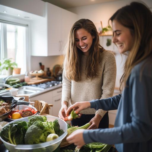 a kitchen in a student flat with a young female student unpacking a large box of vegetables. She is wearing a baseball cap and is smiling. lookign down at the lovely veges. There are 2 friends in the kitchen also. She is dressed in winter clothes, with long hair. Real life, super crisp image, hyper realistic, square AR, wide view.