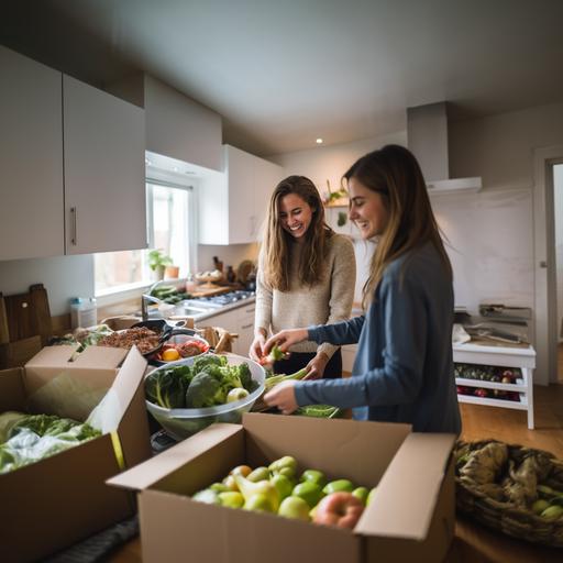a kitchen in a student flat with a young female student unpacking a large box of vegetables. She is wearing a baseball cap and is smiling. lookign down at the lovely veges. There are 2 friends in the kitchen also. She is dressed in winter clothes, with long hair. Real life, super crisp image, hyper realistic, square AR, wide view. --ar 1:1