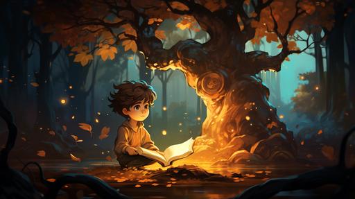 Lucas approached the tree and discovered a huge closed leather bound book A young boy named lucas with maron hair and maron eyes wearing in pajamas, cartoon style, thick line, low detailm no shading --ar 16:9 --s 250