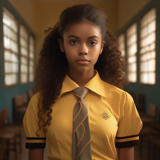 Lucía tiene 16 años y es una adolescente asustadiza y tímida. Es dominicana. Tiene el uniforme de la escuela pública que es una camisa amarilla y una falda beige. Es una foto hiperrealista de la joven.