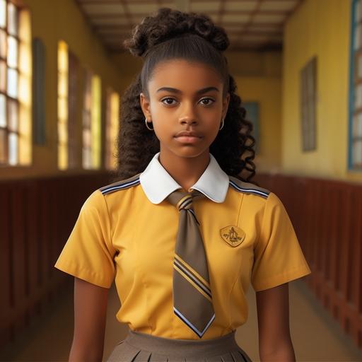 Lucía tiene 16 años y es una adolescente asustadiza y tímida. Es dominicana. Tiene el uniforme de la escuela pública que es una camisa amarilla y una falda beige. Es una foto hiperrealista de la joven.