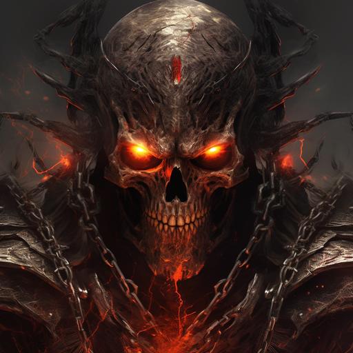 Lucifer, red eyes, flame-shaped hair, angel, holy swordsman, black medieval knight armor, skull face mask, angel, eight eyes, spooky, full of spider webs, church door in hell, cberpunk 2077 style, gothic style art, high definition realistic, close-up --q 2 --v 5 --s 250