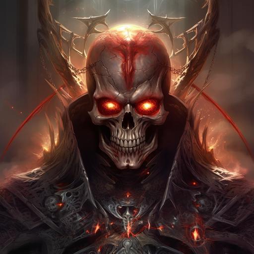 Lucifer, red eyes, flame-shaped hair, angel, holy swordsman, black medieval knight armor, skull face mask, angel, eight eyes, spooky, full of spider webs, church door in hell, cberpunk 2077 style, gothic style art, high definition realistic, close-up --q 2 --v 5 --s 250