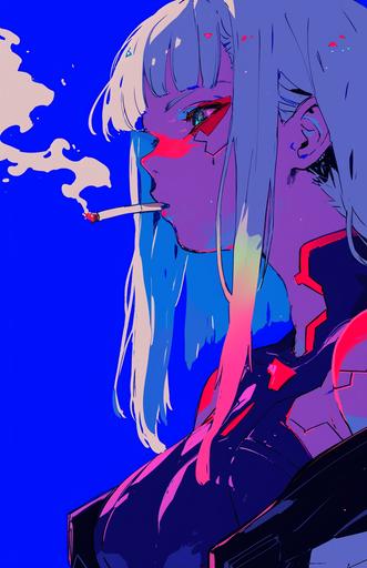 Lucy from Cyberpunk Edgerunners, a woman, white hair, is seen on a blue background holding a cigarette, in the style of sci-fi anime, light magenta and light cyan, colorful animation stills, ricoh ff-9d, flawless line work, blink-and-you-miss-it detail, dark white and azure --ar 83:128 --niji 6