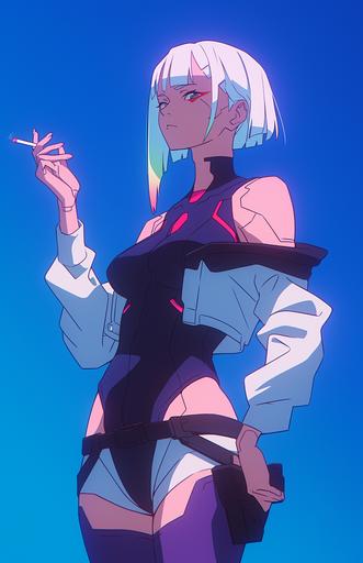 Lucy from Cyberpunk Edgerunners, a woman, white hair, is seen on a blue background holding a cigarette, in the style of sci-fi anime, light magenta and light cyan, colorful animation stills, ricoh ff-9d, flawless line work, blink-and-you-miss-it detail, dark white and azure --ar 83:128 --niji 6