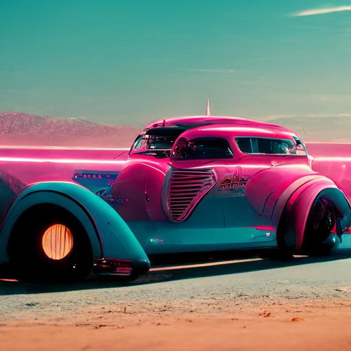 1930s hot rod car, art deco style, cinematic, tilt shift, palm trees in background, pink and blue neon, futuristic California