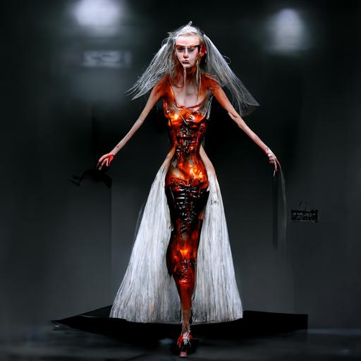 hyper realistic concept art of the model elf with y2k style dress, catwalk in hell,