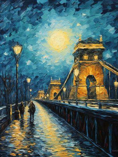 Lumino Kinetic oilpainting of the Chainbridge with the lion statues in Budapest in the style of Van Gogh, contrasting lights and darks, oilpainting --ar 3:4