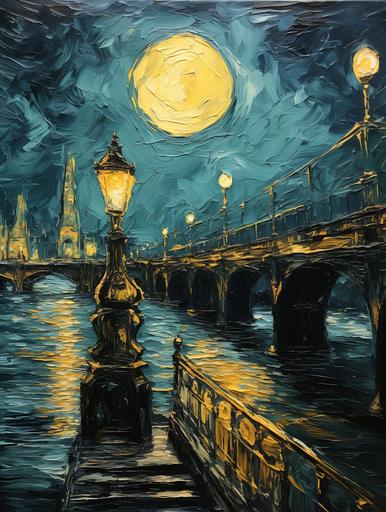 Lumino Kinetic oilpainting of the Chainbridge with the lion statues in Budapest in the style of Van Gogh, contrasting lights and darks, oilpainting --ar 3:4