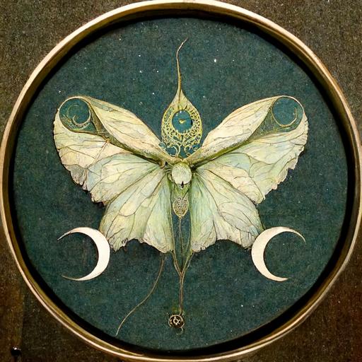 Luna moth and the moon circle phases, detailed art nouveau