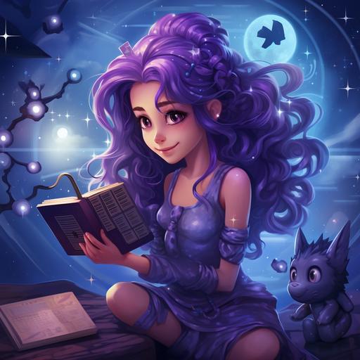 Luna with purple hair and a playful stardust sprite successfully complete the Galactic Puzzle Challenge and receive a special reward and a clue for their next adventure.