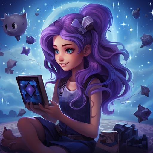 Luna with purple hair and a playful stardust sprite successfully complete the Galactic Puzzle Challenge and receive a special reward and a clue for their next adventure.