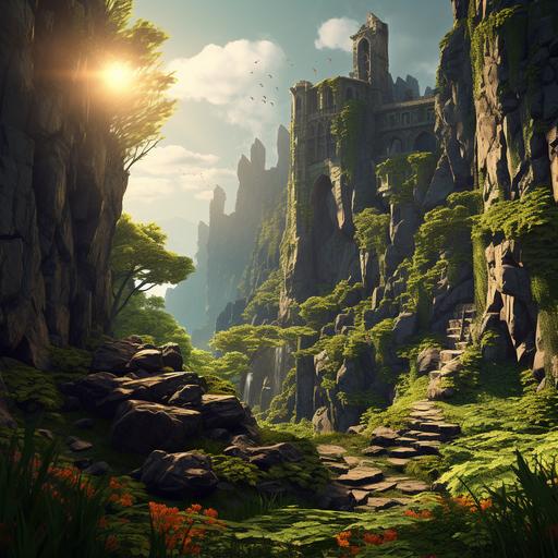 Lush Cliffs, stylized, medieval, trees, torches, fences, bushes and flowers