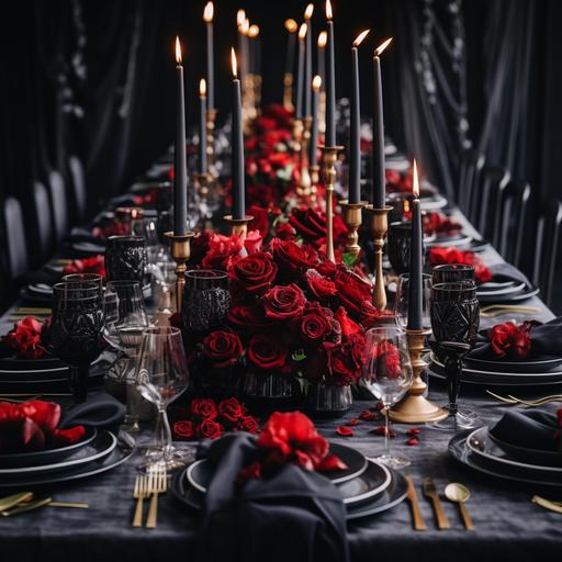 Luxe, modern, stylish tablescape with black tablecloth, black sheer runner, single red roses in bud vases, and small tea light candles going down the middle of the table, Instagram, 1:1, award winning editorial photo, v 6.0