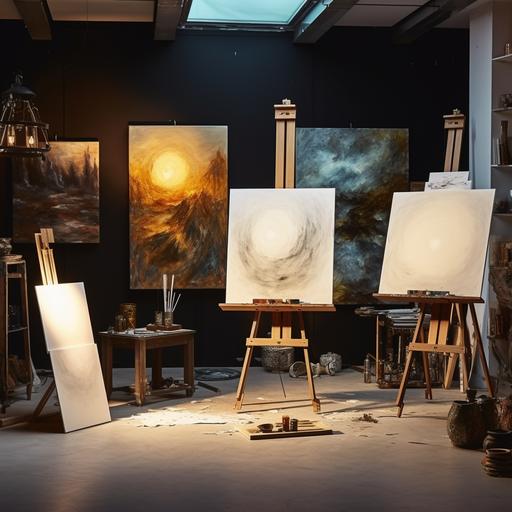Luxurious stand-type lighting, a luxurious studio for painting in a dark and calm atmosphere illuminated by soft light, and three large and small canvas paintings on the floor. Easel with an abstraction picture. Tools for painting, such as a brush with paint and a palette with paint. The entire wall is a video image of a forest.
