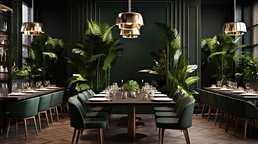 Luxury Light Luxury Style Restaurant, two types of four person dining table, green plants, background wall, realistic images, light luxury style, decorative lines, bright lighting, coordinated cold and warm lighting, high-end gray color, high quality, rich details, ultra realistic, hotel design, 8K resolution, Corona Render --ar 16:9 --v 5.2