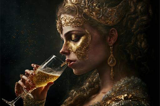 Luxury drunk princess drinking golden glittering champagne --ar 3:2 --q 2 --v 4