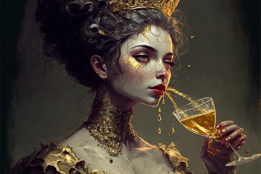 Luxury drunk princess drinking golden glittering champagne --ar 3:2 --q 2 --v 4