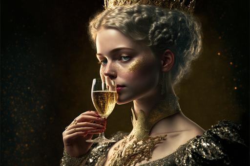 Luxury drunk princess drinking golden glittering champagne --ar 3:2 --q 2 --v 4