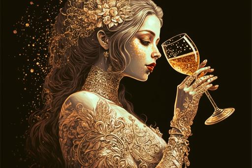 Luxury drunk princess drinking golden glittering champagne --ar 3:2 --q 2 --v 4