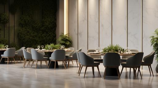 https://s.mj.run/RBo_aE7uG1k Luxury light luxury style restaurant with two types of four person dining table, green plants, background wall, gray, dark, high-end gray color, high quality, rich in details, ultra realistic, hotel design, 8K resolution, Corona Render --ar 16:9  --v 5.2