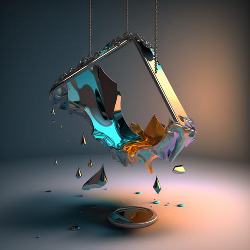 an abstract 3D model of a metal swing hanging from a levitating crystal cloud, two-point perspective, translucent, glossy, split complementary colors, vibrant and cool, hyper-realistic, highly detailed, cinema 4D, blade runner CG rendering, ultra HD, --v 4