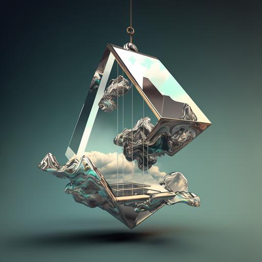 an abstract 3D model of a metal swing hanging from a levitating crystal cloud, two-point perspective, translucent, glossy, split complementary colors, vibrant and cool, hyper-realistic, highly detailed, cinema 4D, blade runner CG rendering, ultra HD, --v 4