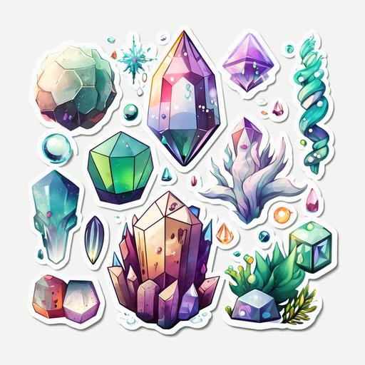 digital art cartoon sticker, magical crystals, white background