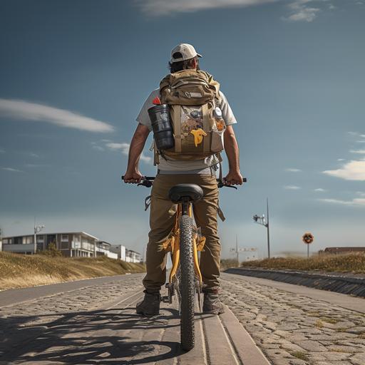 MAN, robust, 45 YEARS OLD, BUILDER, broad back, a little paunch, robust, rounded face, white, FULL BODY IMAGE from behind of a guy on his bike wearing his backpack 8K image, apply contrast, realism, mega ultra full HD, photorealistic camera, cute, 8k, photorealistic, perfect cinematic light, volumetric, chiaroscuro, award-winning photography, Realistic cinema photography, cinema, bokeh, professional and highly detailed.