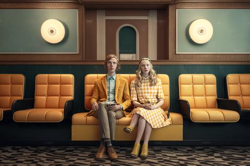 a young couple sits in. Movie theater in the style of Wes Anderson , 35mm film, movie, photo realistic, maximum texture, style, 70mm film, IMAX, High octane render, Unreal engine 5, DSLR, cinematic lighting, highly detailed, ray tracing, Cinematic, Dramatic, DSLR, 32k, Ultra-HD, Super-Resolution, Movie, Film, AMOLED, Cinematic Lighting, Volumetric Lighting, cinema, perfect composition, beautiful detailed intricate insanely detailed octane render trending on artstation, 8 k artistic photography, photorealistic concept art, soft natural volumetric cinematic perfect light, chiaroscuro, award-winning photograph, masterpiece, beksinski, giger, centered, symmetry, intricate, volumetric lighting, beautiful, rich deep colors masterpiece, sharp focus, ultra detailed, in the style of Rembrandt, raphael, caravaggio, Yusuf Grillo, Akinola Lasekan, and marc simonetti, astrophotography, centered, symmetry, painted, intricate, volumetric lighting, beautiful, rich deep colors masterpiece, sharp focus, ultra detailed, in the style of Rembrandt, raphael, caravaggio, Yusuf Grillo, Akinola Lasekan, and marc simonetti, astrophotography, hyper-realistic, cinematic, ray tracing, 36mm lense, Corona render, octane render, 70mm color film --no text --chaos 7 --v 4 --ar 3:2
