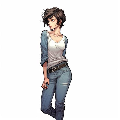 short hair on tight jeans cartoon girl leaning on a wall, white background, 300 dpi