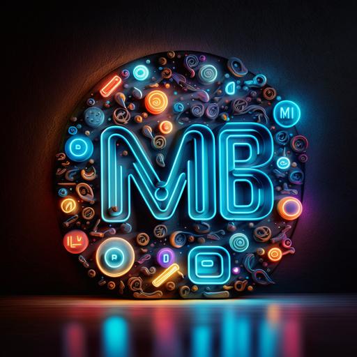 MB Logo emblem with social media icons all around neon lights realistic image with letters MB on front