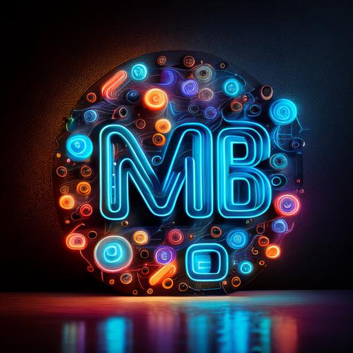 MB Logo emblem with social media icons all around neon lights realistic image with letters MB on front